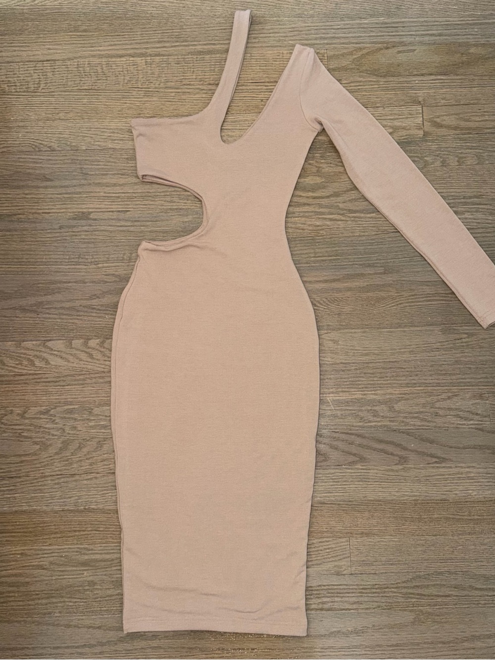 JLUXLABEL One Shoulder Cutout Bodycon Tan Midi Dress